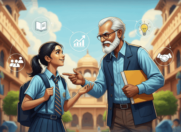 An inspiring illustration of an Indian student receiving holistic guidance from a mentor, with symbols of academics, growth, ideas, and social skills.