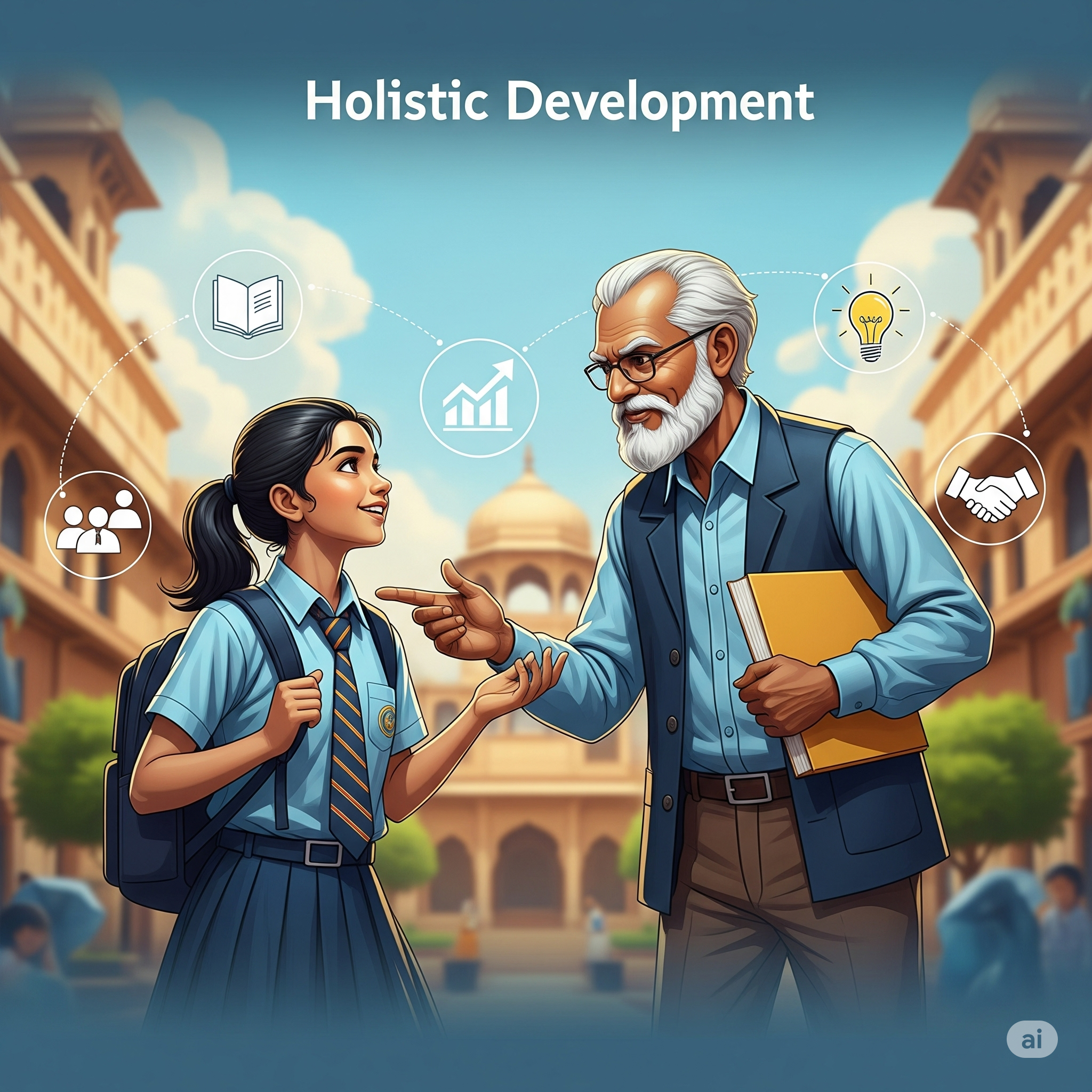 An inspiring illustration of an Indian student receiving holistic guidance from a mentor, with symbols of academics, growth, ideas, and social skills.