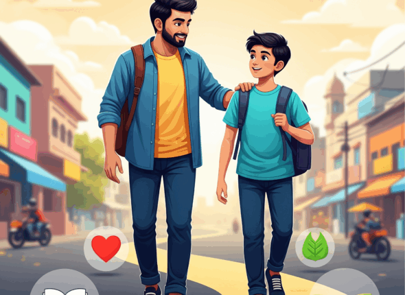 A vibrant and warm illustration depicting a caring Indian parent gently guiding their smiling teenager through a pathway with symbolic milestones.