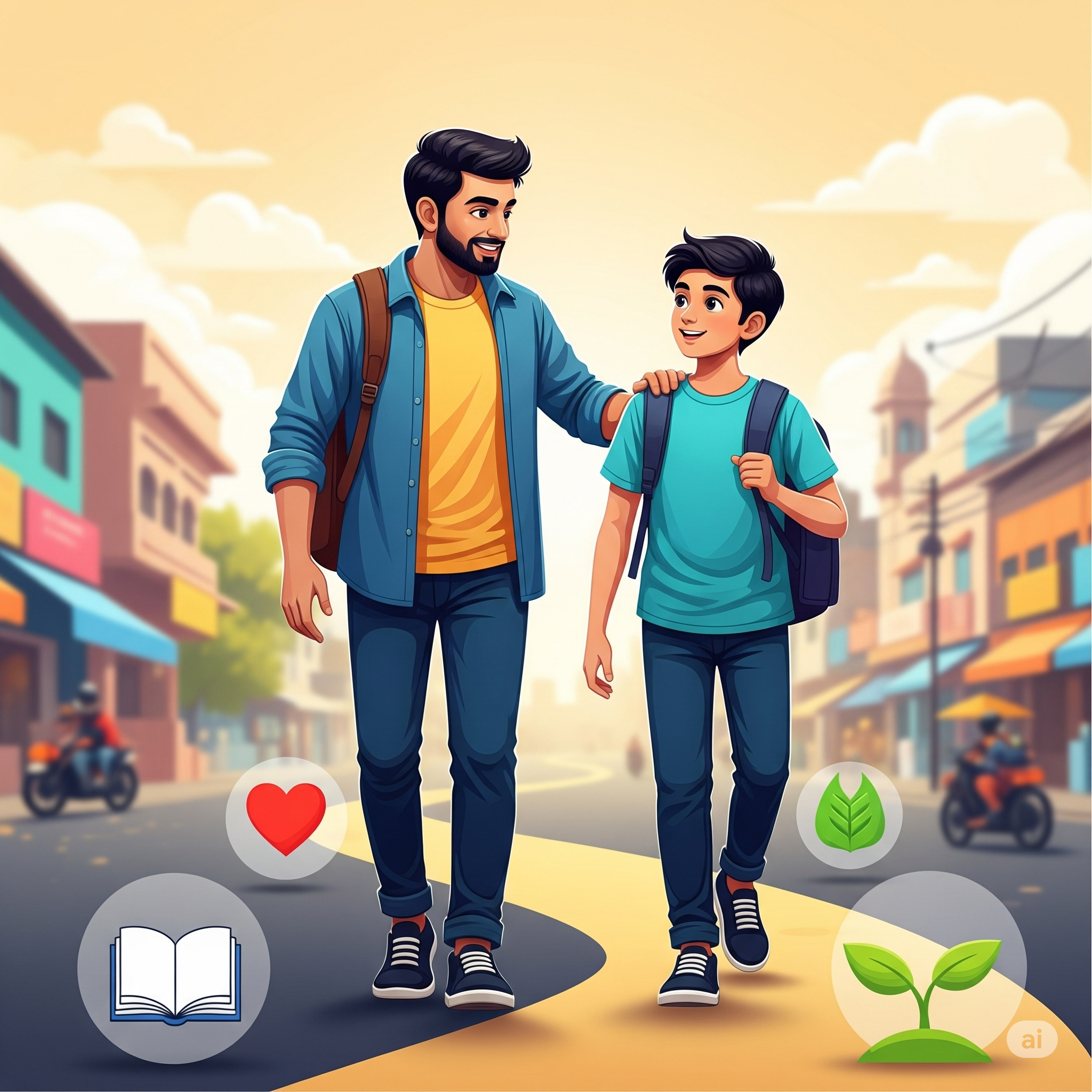A vibrant and warm illustration depicting a caring Indian parent gently guiding their smiling teenager through a pathway with symbolic milestones.