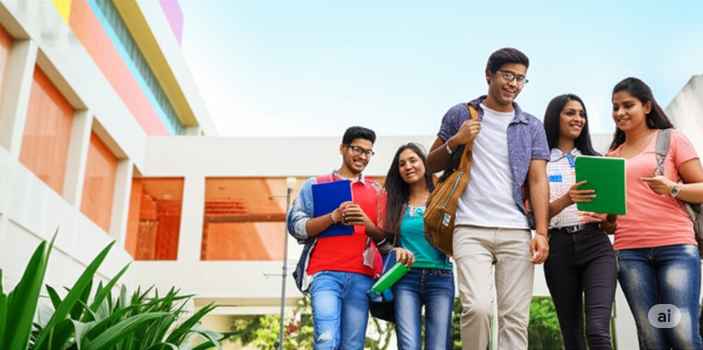 Diverse Indian students on a vibrant college campus.