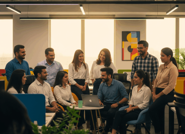 Diverse young Indian professionals collaborating in a modern office, symbolizing career entry and growth.