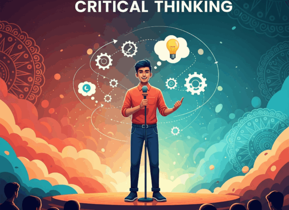 A vibrant illustration of a young Indian man confidently speaking on a stage with a microphone, surrounded by abstract elements like gears, lightbulbs, and thought bubbles, symbolizing critical thinking. The background features colorful, modern Indian design motifs.