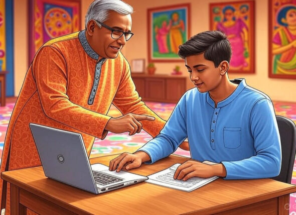 Indian mentor guiding student to pick the right entrance path