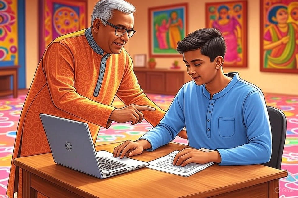 Indian mentor guiding student to pick the right entrance path
