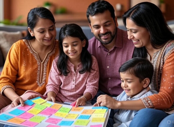 Indian family creating a vibrant vision board with goals and dreams