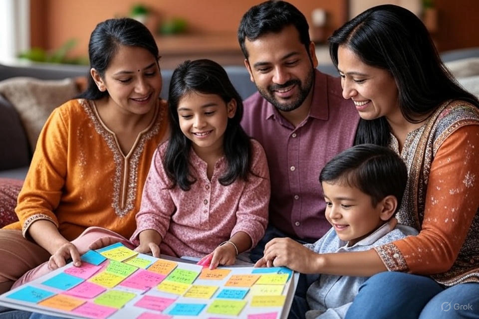 Indian family creating a vibrant vision board with goals and dreams