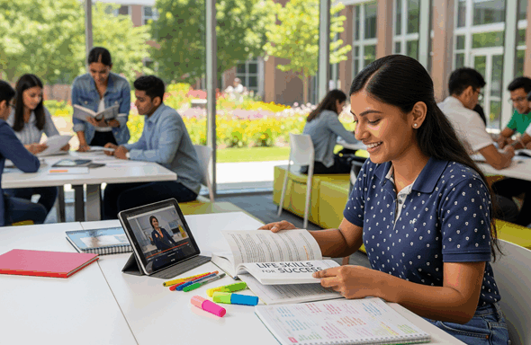 An Indian college student sits at a desk in a university common area, smiling as she reads a book. A tablet displaying an educational video is next to her, along with colorful highlighters and a notebook. In the background, other students are seen studying and collaborating, with large windows overlooking a sunny, green campus.