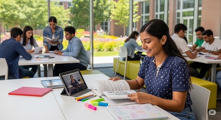 An Indian college student sits at a desk in a university common area, smiling as she reads a book. A tablet displaying an educational video is next to her, along with colorful highlighters and a notebook. In the background, other students are seen studying and collaborating, with large windows overlooking a sunny, green campus.